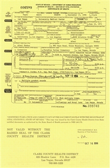 1996 Tupac Shakur State of Nevada Certified Original Death Certificate